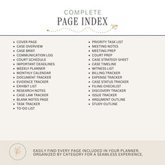 A digital preview of a complete page index planner insert, showing a structured list of included pages in two columns on a warm beige background with a decorative header and footer.
