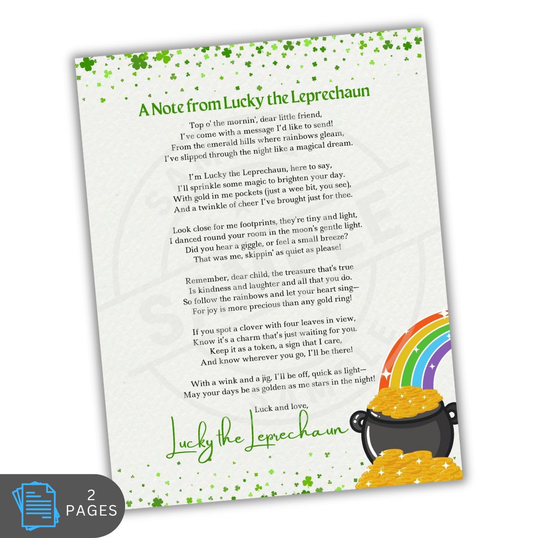 Note from Lucky the Leprechaun with a rainbow and pot of gold illustration on a white background.