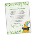Note from Lucky the Leprechaun with a rainbow and pot of gold on a white background