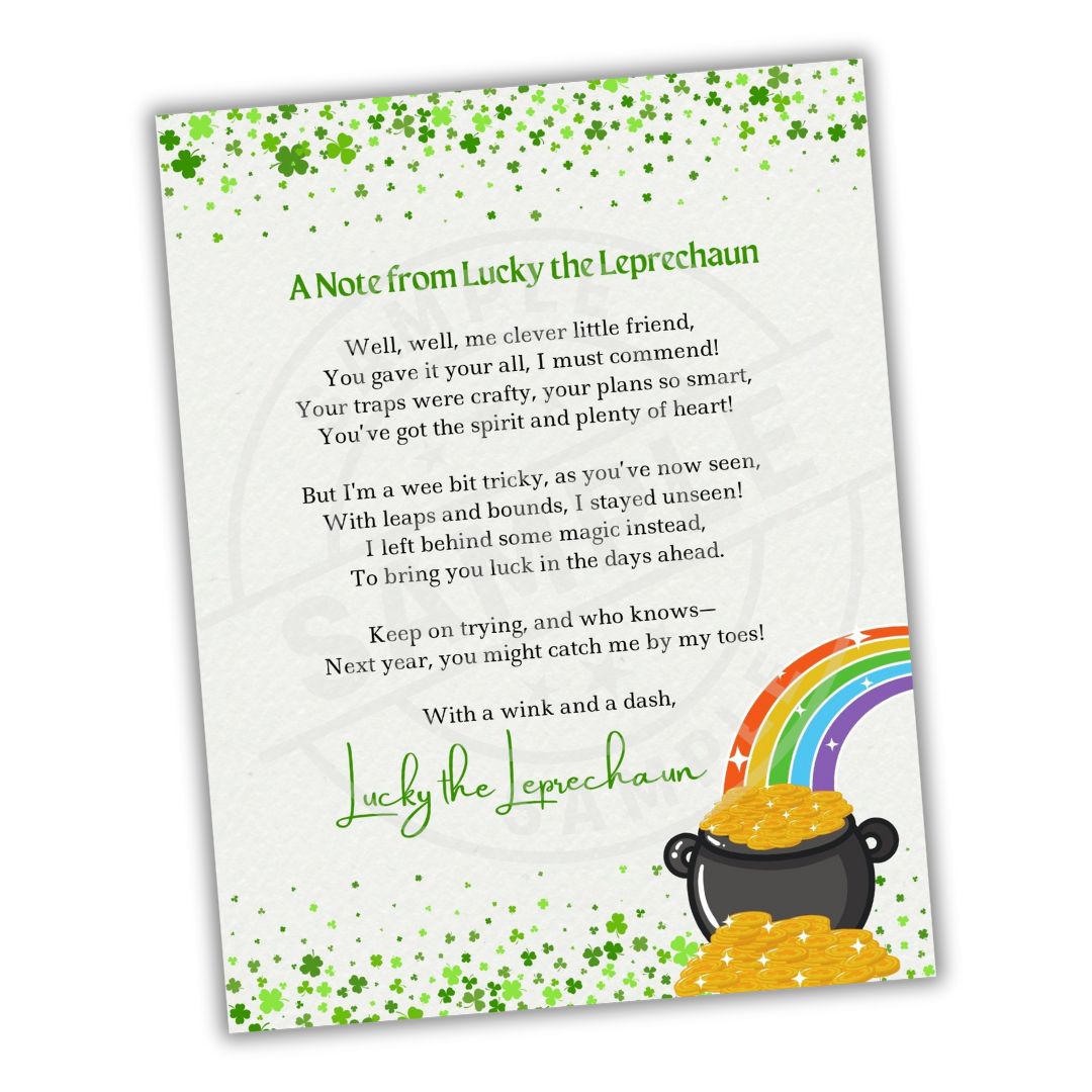 Note from Lucky the Leprechaun with a rainbow and pot of gold on a white background