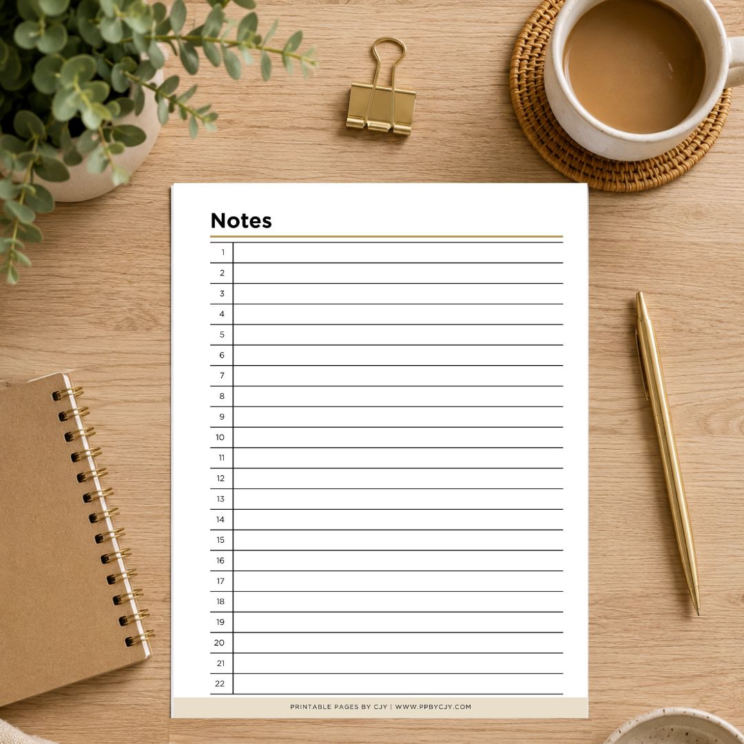A printable notes page with a black grid and the heading 'Notes' shown on a wooden desk, surrounded by a notebook, plant, coffee cup, pen, and binder clip.