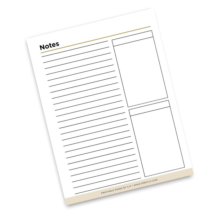 A printable notes page with lined writing space, a header labeled Notes, and two blank rectangular boxes on a white page with a thin beige border.