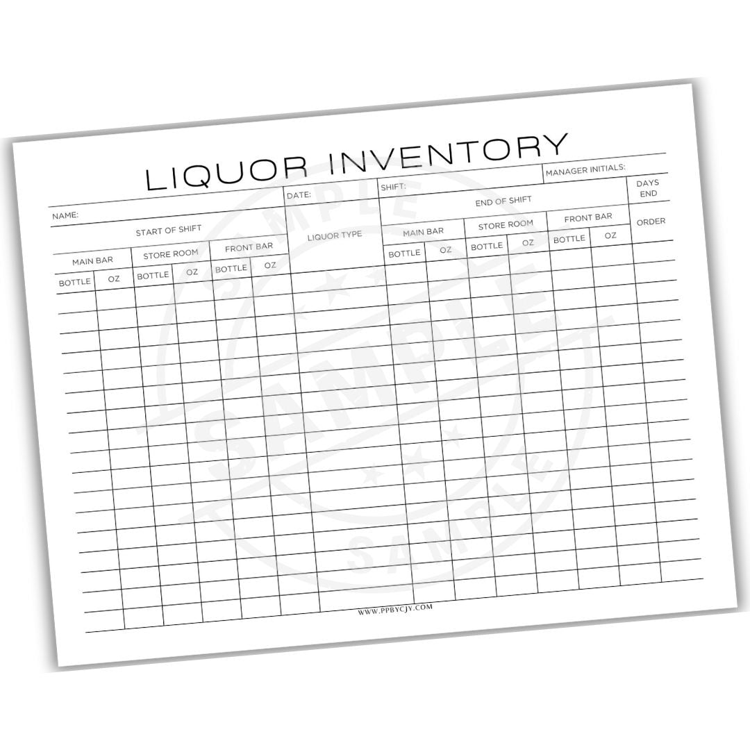 Liquor inventory sheet with columns for name, start of shift, date, end of shift, manager initials, and details of liquor types.