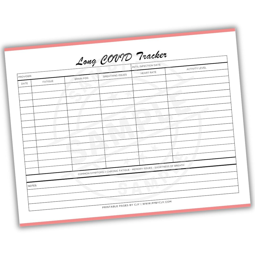 Long COVID Tracker sheet with columns for symptoms, infection date, heart rate, and activities level on a white background.