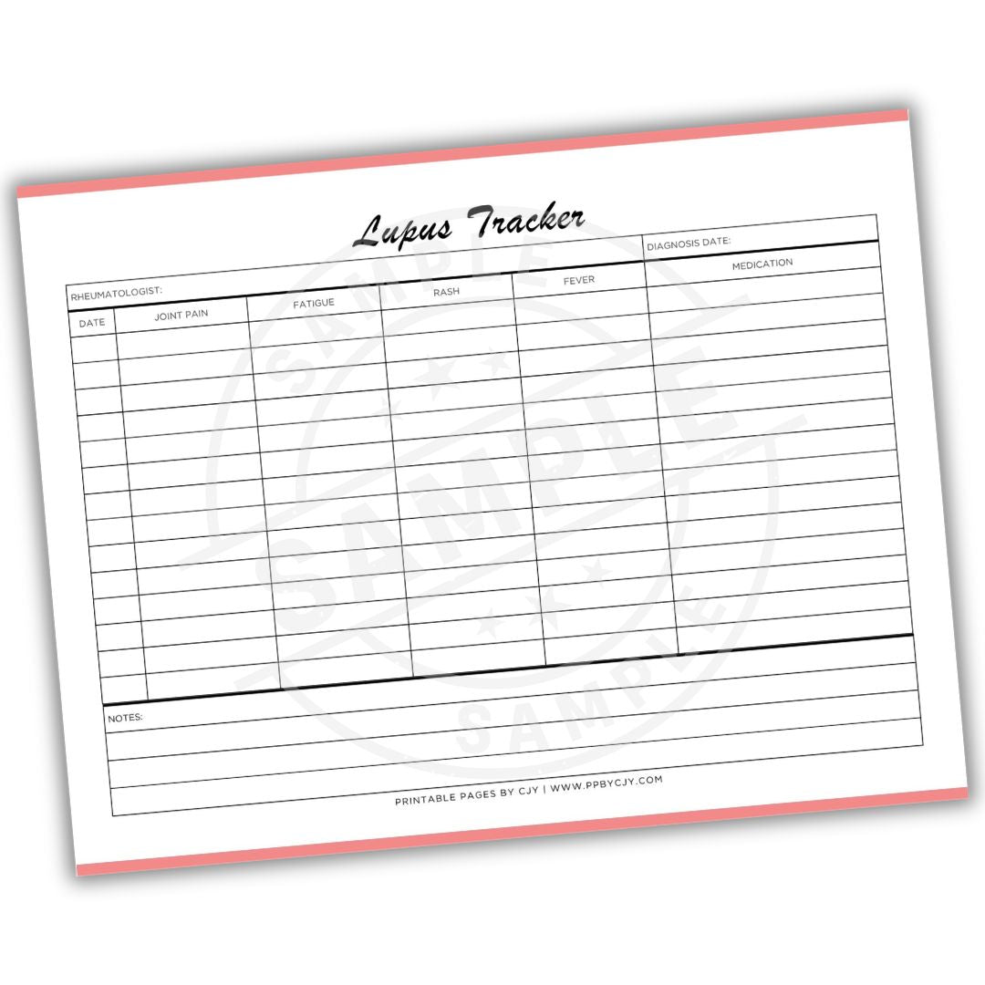Lupus tracker sheet with columns for symptoms, joint pain, fever, and medication on a white background.