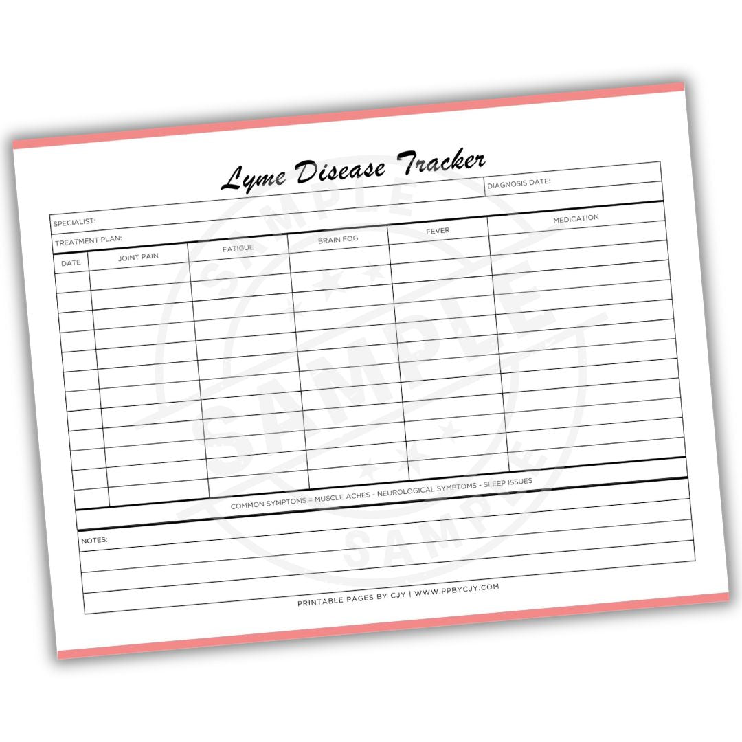 Lyme Disease Tracker sheet with columns for treatment plan, symptoms, and medication on a white background.