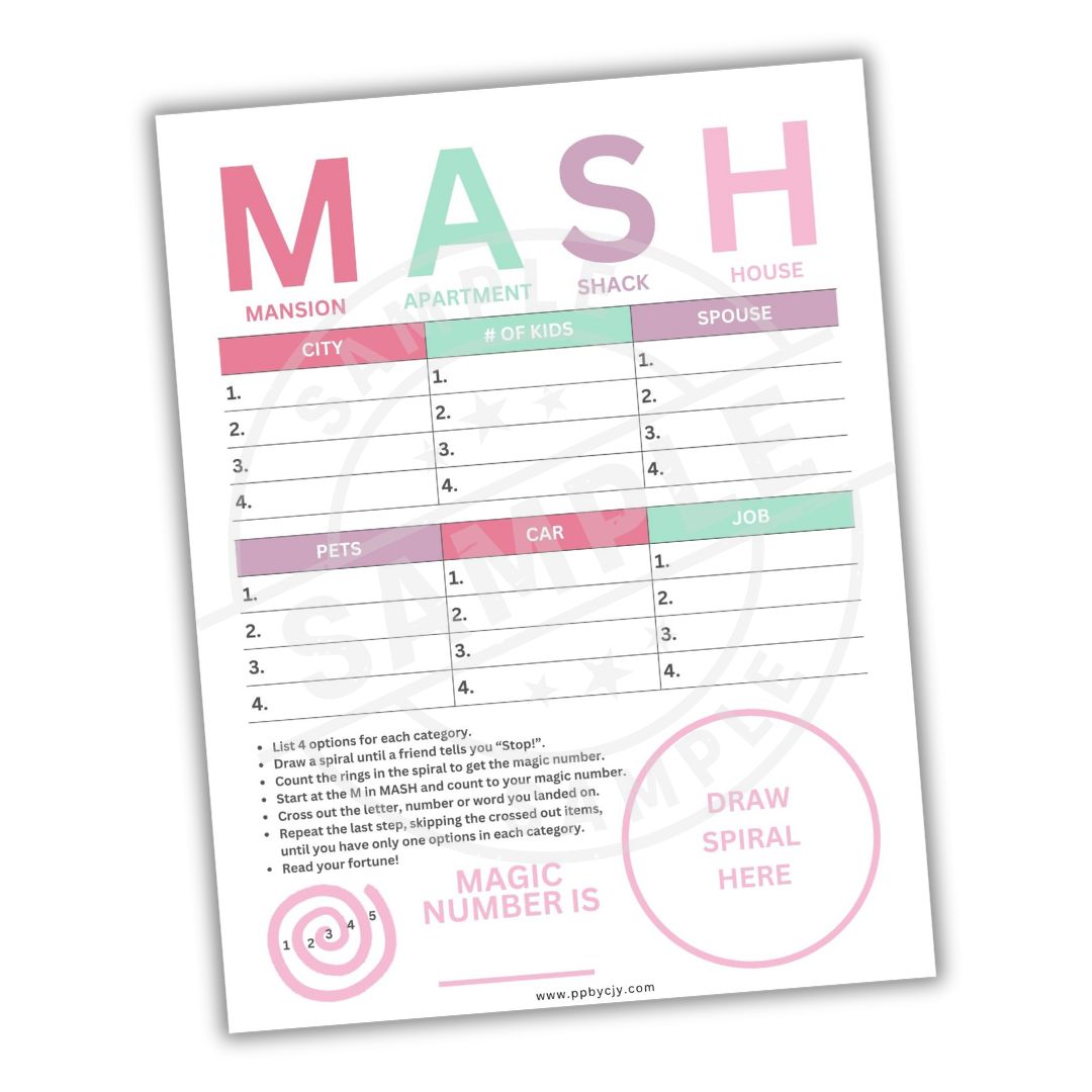 Sheet of paper with 'MASH' game instructions and a fortune-telling diagram.