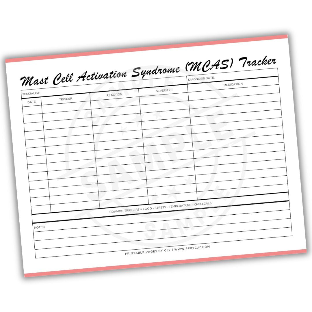 Mast Cell Activation Syndrome (MCAS) Tracker sheet on a white background
