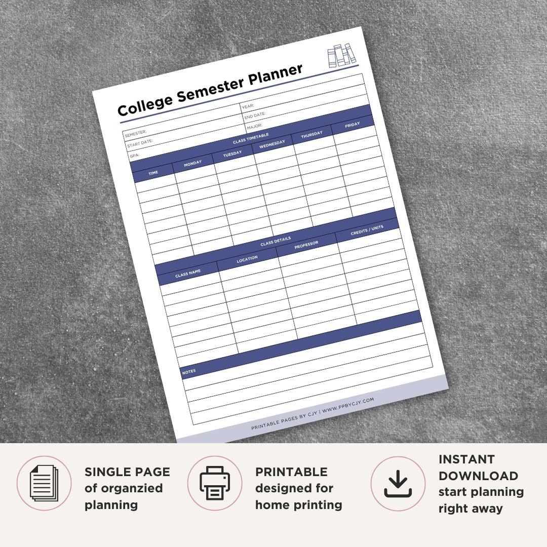 College Course Planner printable semester class schedule organizer for academic planning and course tracking
