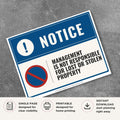Printable Management Is Not Responsible for Lost or Stolen Property notice sign featuring a professional blue notice design and liability policy message for businesses, gyms, hotels, and public facilities.