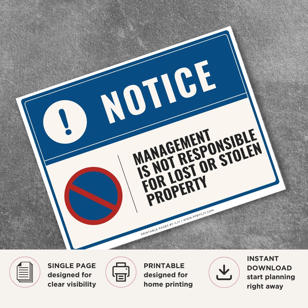 Printable Management Is Not Responsible for Lost or Stolen Property notice sign featuring a professional blue notice design and liability policy message for businesses, gyms, hotels, and public facilities.