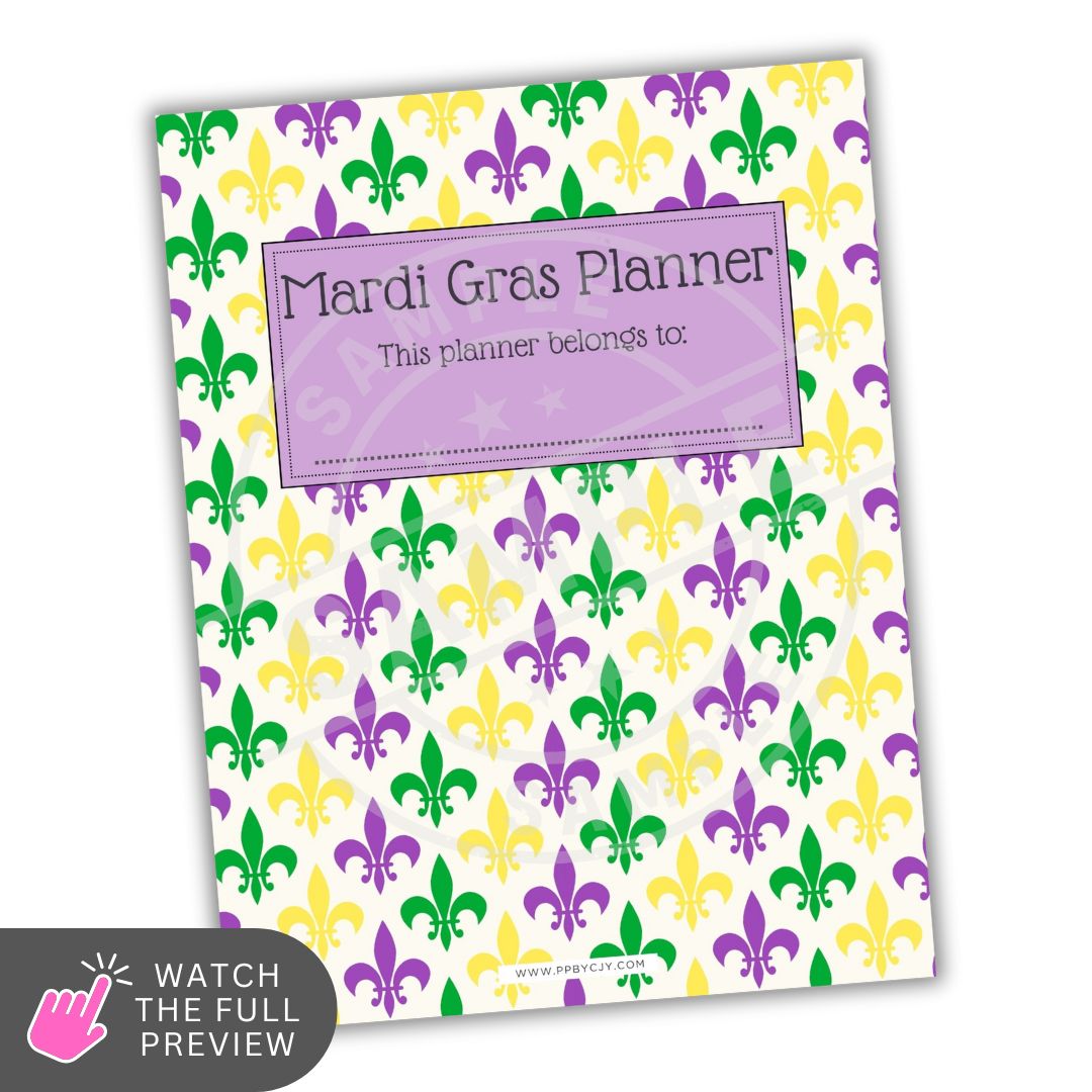 Mardi Gras planner with colorful fleur-de-lis pattern and purple label on a white background