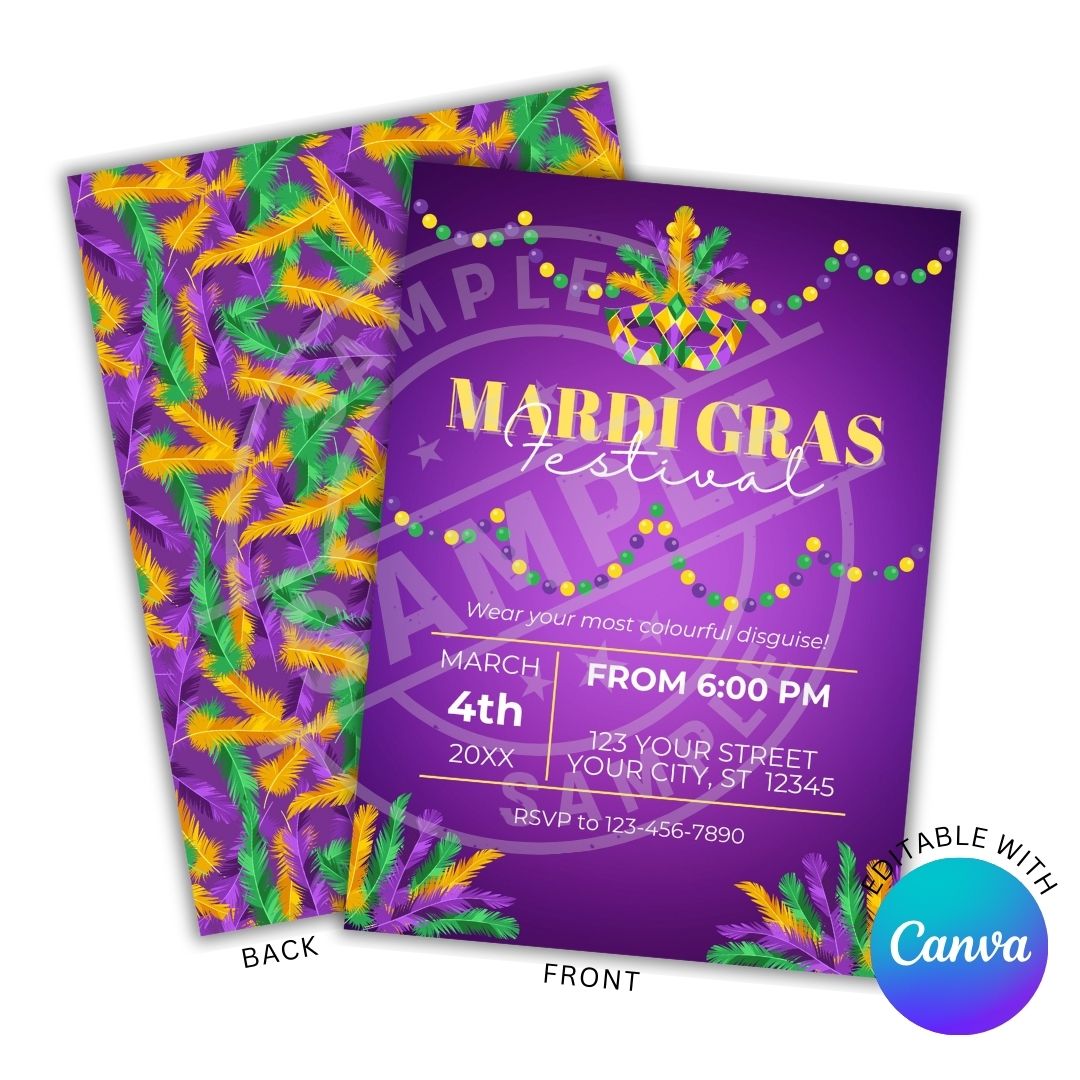 Mardi Gras festival invitation with purple background and colorful decorations.