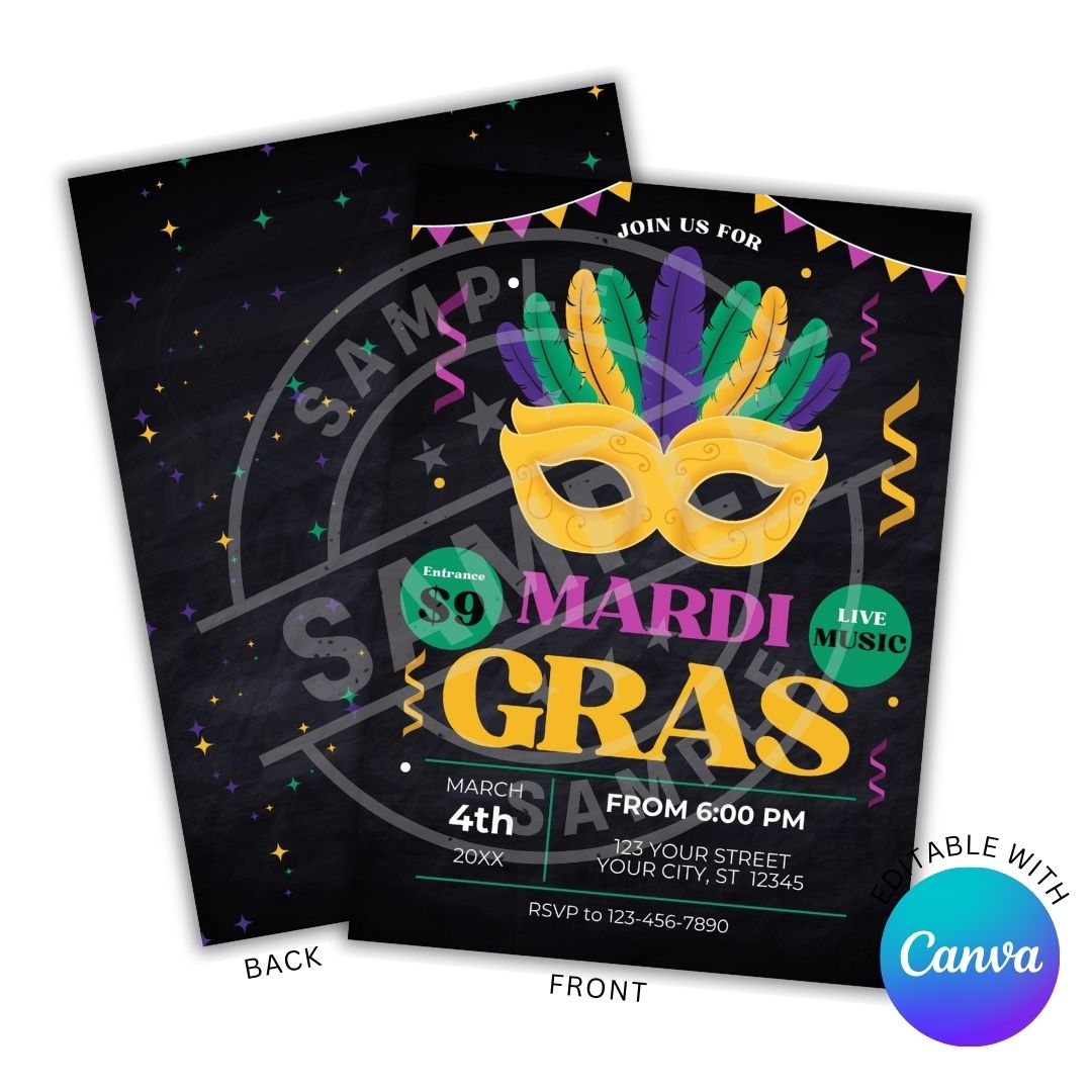 Mardi Gras party invitation with mask design on a black background, featuring Canva branding.