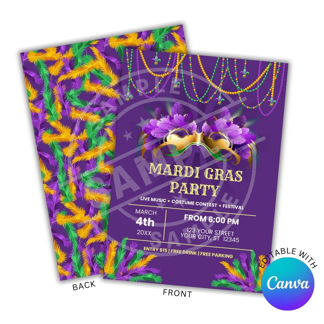 Mardi Gras party invitation with purple, green, and yellow colors on a white background.
