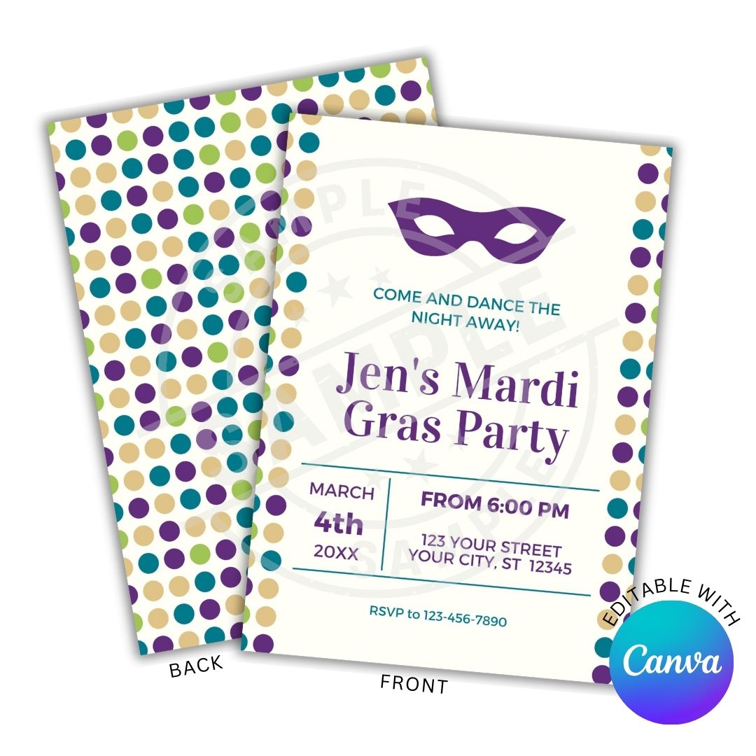 Mardi Gras party invitation with polka dot design and Canva branding.