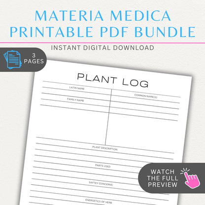 Materia Medica printable PDF template for herbalists to record medicinal plant details, uses, dosages, and preparations.

