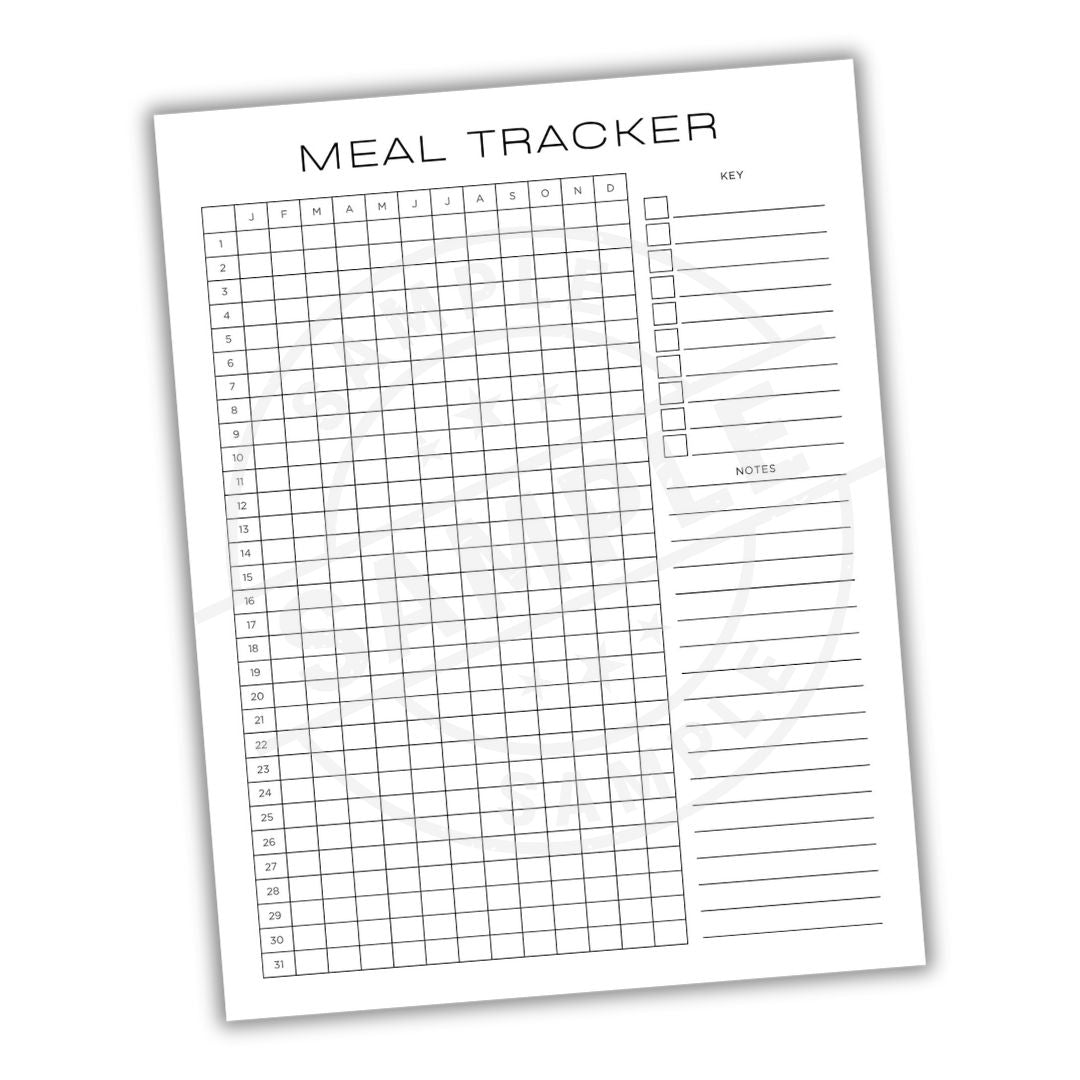 Meal tracker sheet with grid and text on a white background