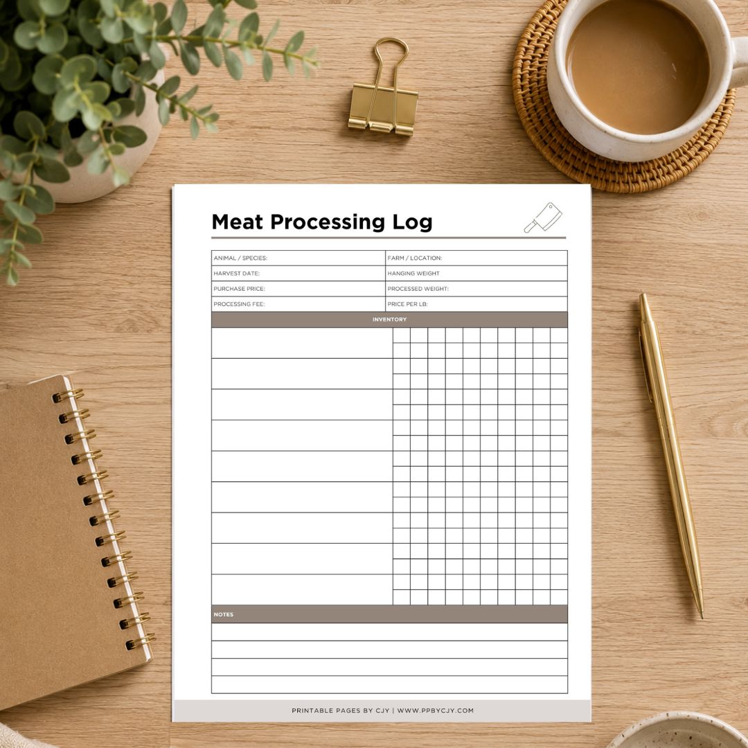 A printable 'Meat Processing Log' sheet displayed on a wooden desk flat-lay with a coffee cup, binder clip, notebook, and pen.