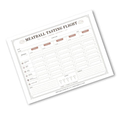 A printable meatball tasting flight chart template with columns for date, time, temperature, and notes, shown on a clean white background.