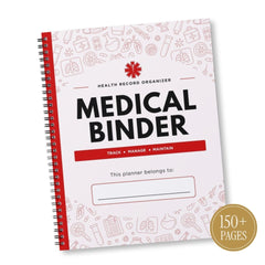 A spiral-bound medical record organizer planner with a white cover, red binding strip, and red and black text reading 'MEDICAL BINDER' and 'HEALTH RECORD ORGANIZER'. The cover has faint red medical-themed line drawings, a red flower icon, and a blank line for writing.