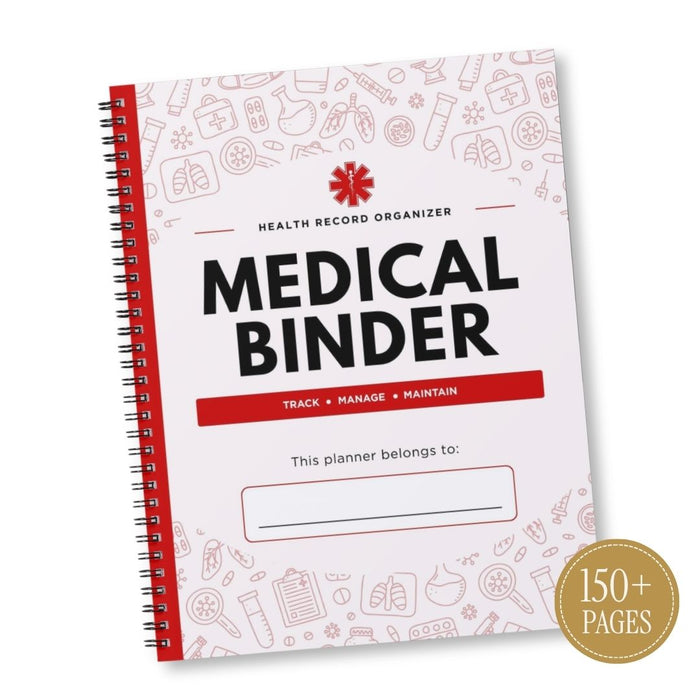 A spiral-bound medical record organizer planner with a white cover, red binding strip, and red and black text reading 'MEDICAL BINDER' and 'HEALTH RECORD ORGANIZER'. The cover has faint red medical-themed line drawings, a red flower icon, and a blank line for writing.