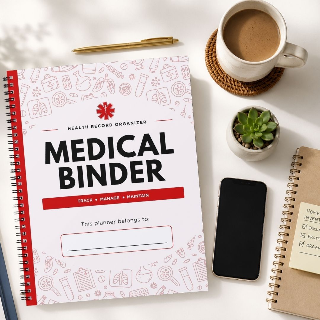 A spiral-bound medical record organizer planner titled 'MEDICAL BINDER' is shown in a styled flat-lay on a white surface, surrounded by a coffee cup, pen, small plant, smartphone, and another notebook.