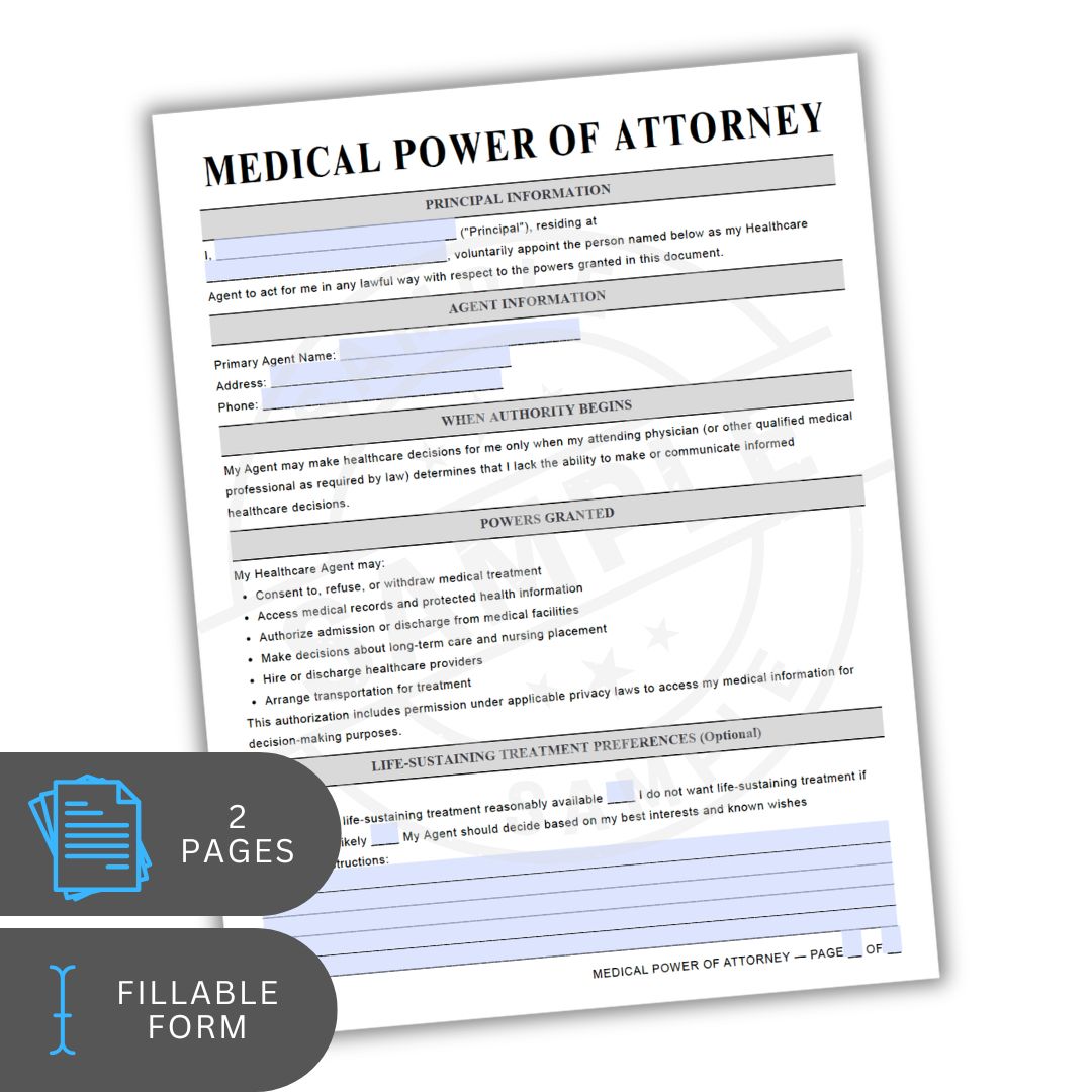 Medical Power of Attorney form on a white background with text and lines for filling out.