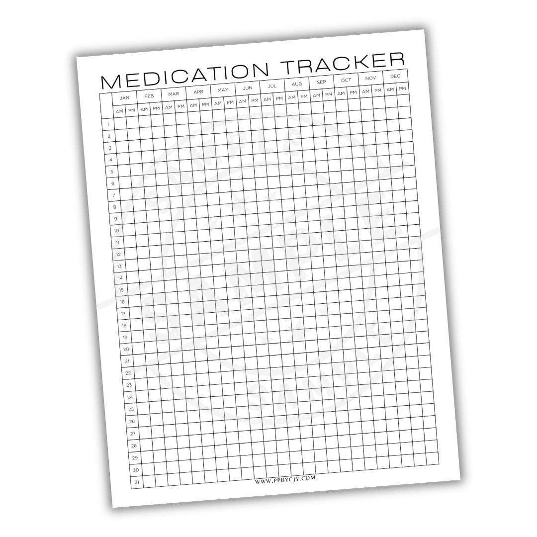 Medication tracker sheet with grid layout on a white background