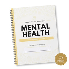A spiral-bound 'Mental Health' health record organizer planner with a white cover, gold accents, and a gold '20 Pages' badge overlay, shown on a plain white background.