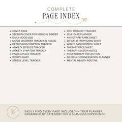 A beige page index cover for a planner, titled 'COMPLETE PAGE INDEX' with a list of included pages such as trackers, planner sheets, and a mental health routine. The design is clean and text-focused with a small leaf icon at the bottom.