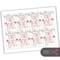 Sheet of 'Merry and Bright Christmas' gift tags with decorative elements on a white background.