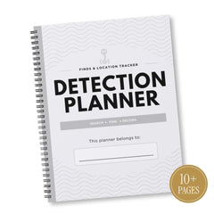 A spiral-bound Detection Planner notebook with a white cover featuring gray wavy lines and bold black text, shown on a white background with a gold '10+ Pages' badge in the lower right corner.