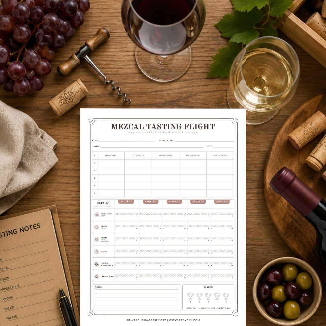 A printable 'mezcal TASTING FLIGHT' worksheet sheet centered on a rustic wooden table surrounded by wine glasses, grapes, olives, corks, and a wine bottle.