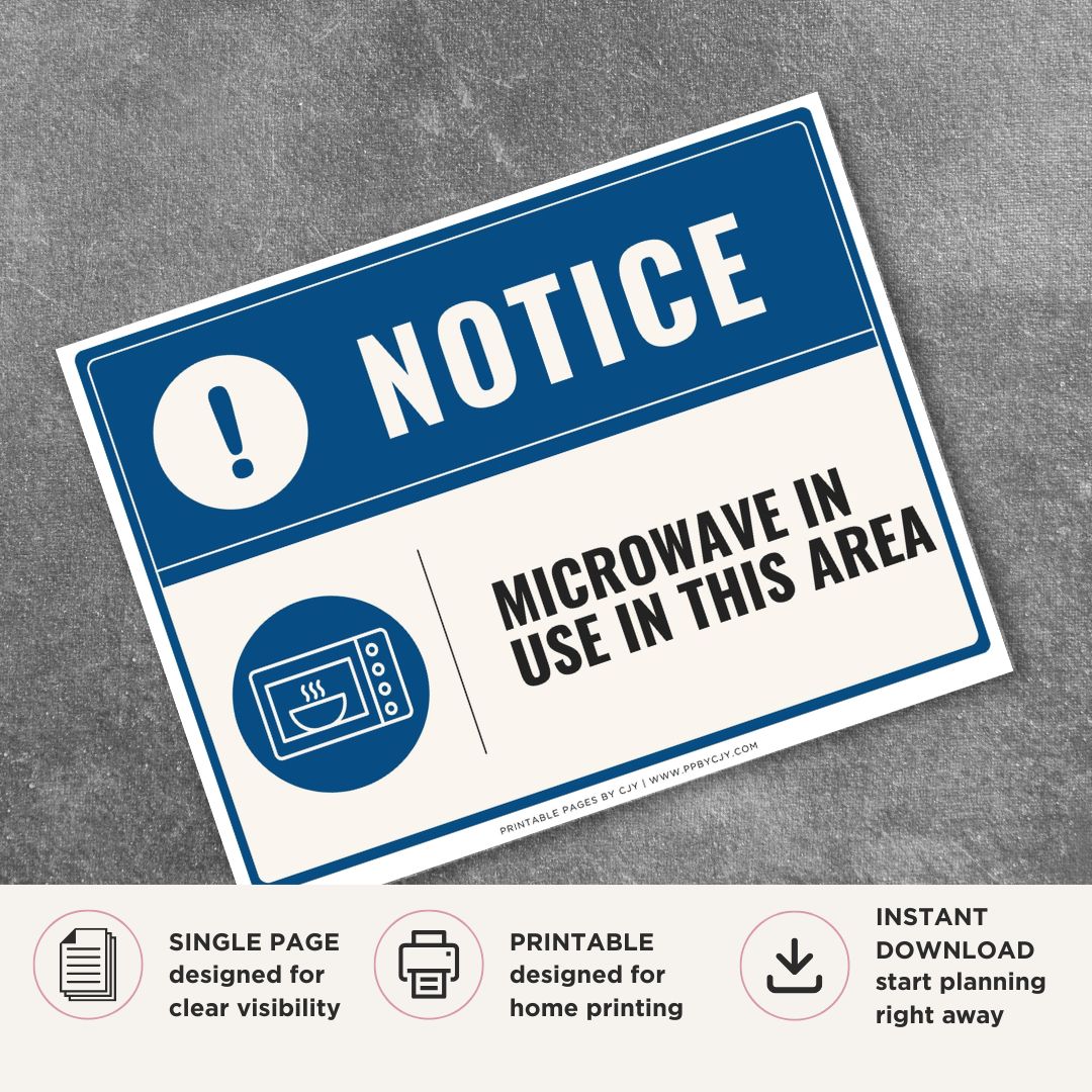Printable Microwave in Use in This Area notice sign featuring a professional blue notice design, microwave symbol, and appliance location sign for break rooms, employee kitchens, and shared food preparation areas.