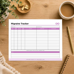 A printed Migraine Tracker sheet displayed on a wooden desk with a coffee cup, plant, gold clips, pen, and notebook around it. The tracker has a white background with purple header accents and a grid for tracking symptoms, frequency, and triggers.