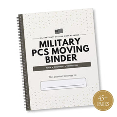 A spiral-bound planner titled 'Military PCS Moving Binder' shown at an angle on a white background. The cover is white with small gray polka dots, bold black text, a gray banner, and a gold circular badge in the lower right that reads '45+ Pages'.
