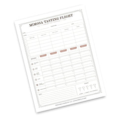 A printed 'Mimosa Tasting Flight' sheet with structured columns for scores and notes, shown on a clean white background. The sheet includes sections for judges, scores, notes, ratings, and a small logo area.