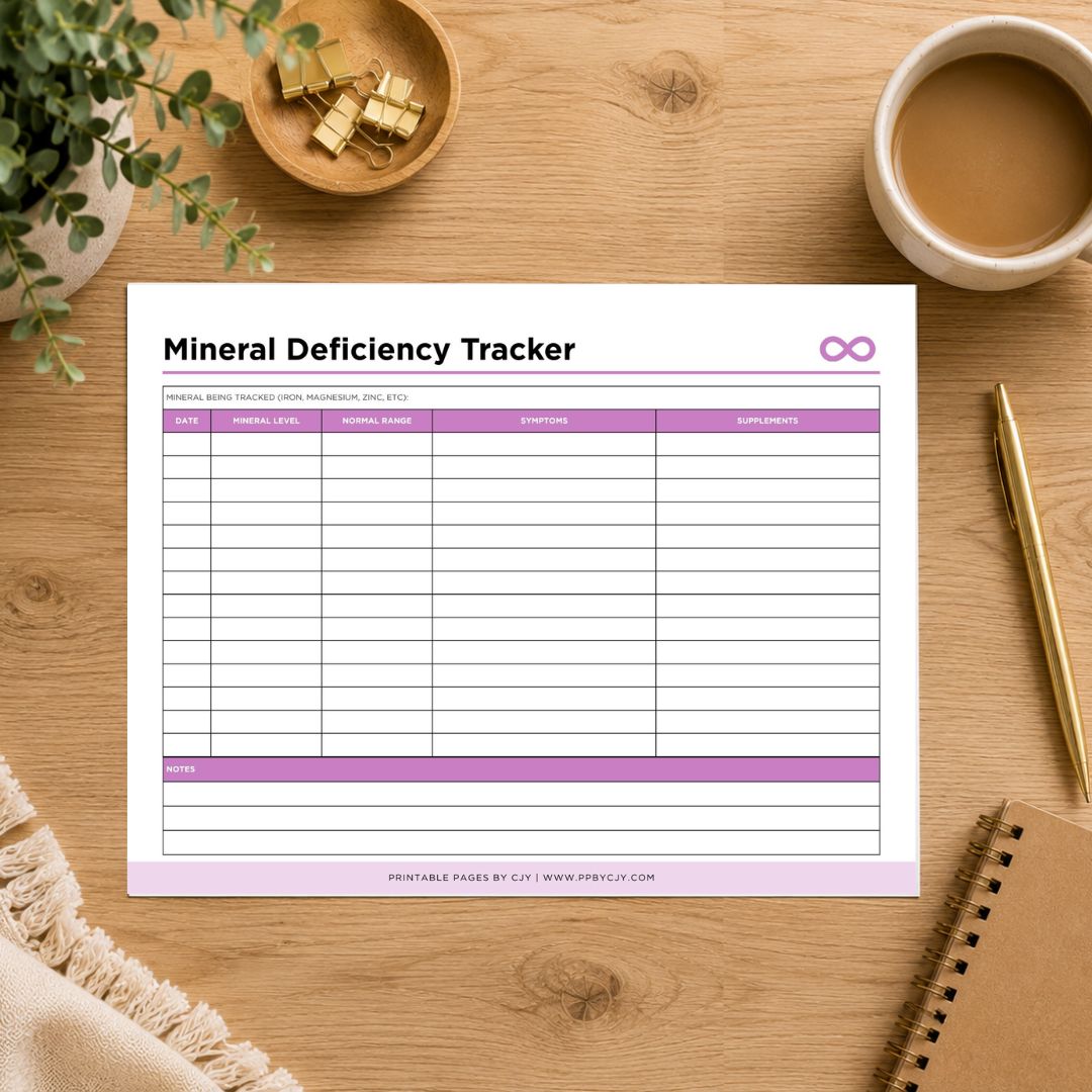 A printable 'Mineral Deficiency Tracker' sheet displayed on a wooden desk with a coffee cup, plant, gold clips, pen, and notebook around it.