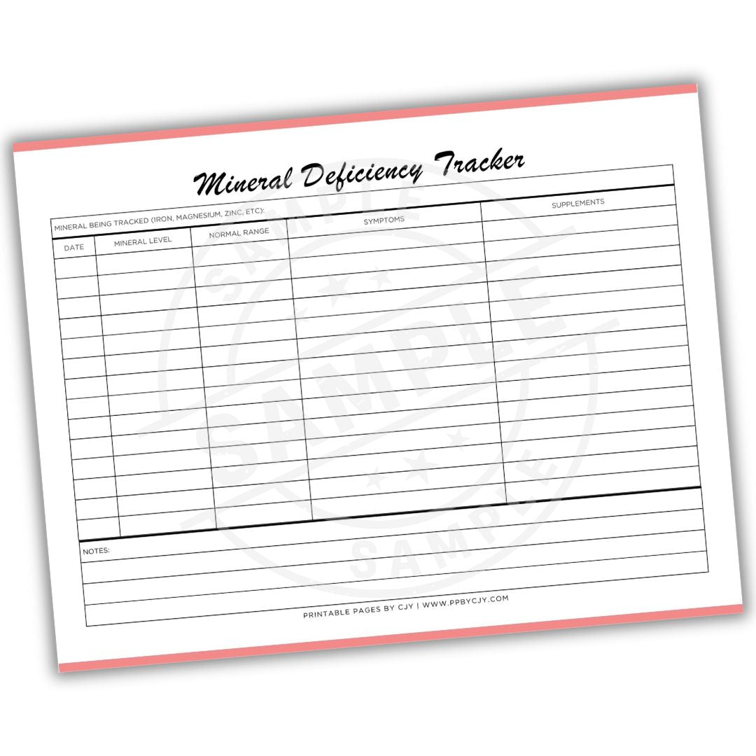 Mineral Deficiency Tracker sheet with columns for tracking mineral levels, symptoms, and supplements on a white background.