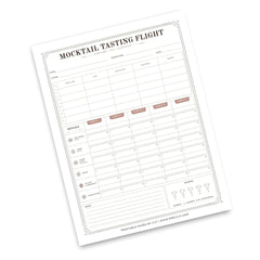 A mocktail tasting flight log sheet with structured tables for recording drinks, bartenders, and ratings, shown on a clean white background.