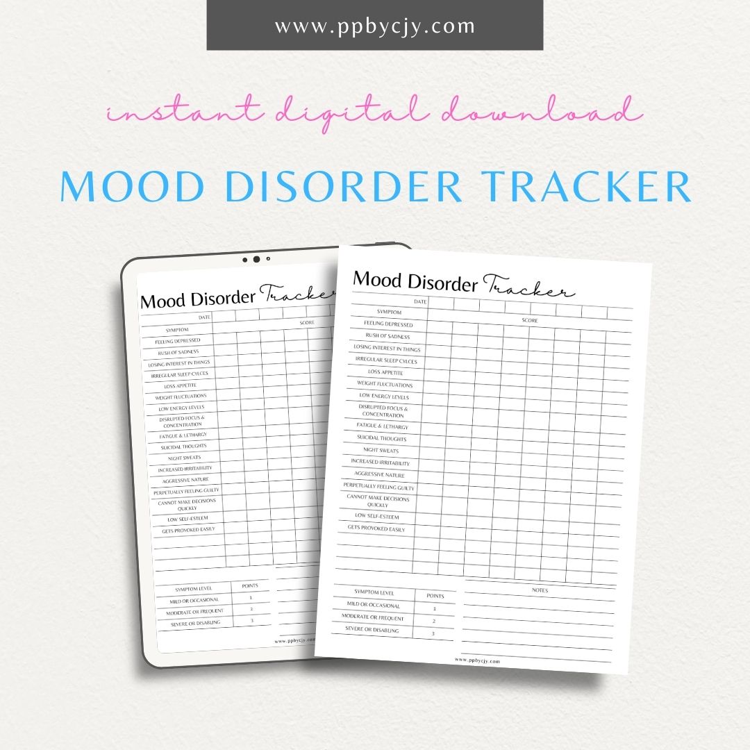 Mood Disorder Tracker Printable PDF Template for tracking moods, triggers, and mental health progress

