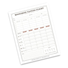 A printed 'Moonshine Tasting Flight' log sheet with structured tables for notes, mood, temperature, and a weekly summary grid, shown on a clean white background.