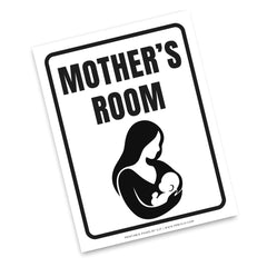A square white sign or print with a black border and the words “MOTHER’S ROOM” in large black letters above a black silhouette of a woman holding a baby. Small text at the bottom reads “PRINTABLE POSTERS BY C2 | WWW.