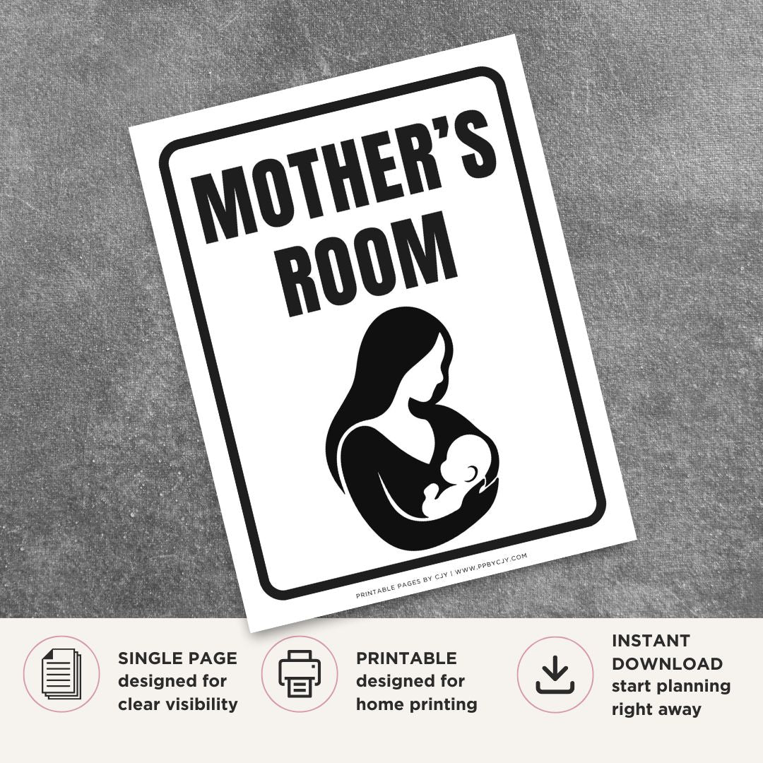 Printable Mother's Room sign featuring a clean black and white design with a nursing mother symbol for identifying lactation rooms, breastfeeding areas, and private infant care spaces.