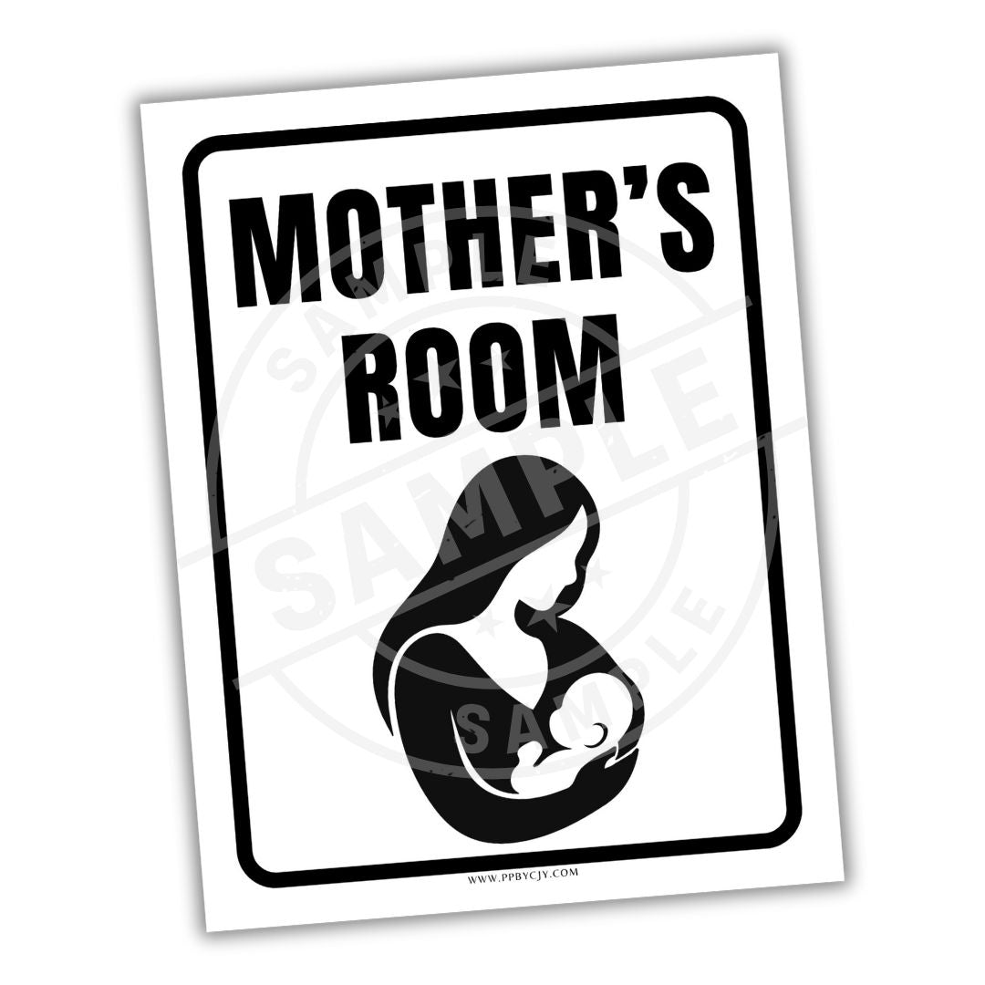 Sign with 'Mother's Room' text and silhouette of a mother and baby, on a white background.