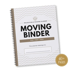 A spiral-bound relocation and packing planner titled 'MOVING BINDER' on a white cover with gray chevron patterns, shown on a plain white background with a gold '40+ PAGES' badge.