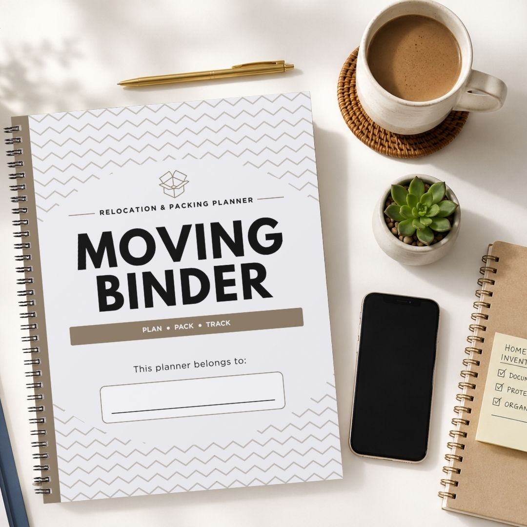 A spiral-bound moving binder planner lies on a white desk, surrounded by a coffee cup on a coaster, a small succulent, a smartphone, and another notebook. The planner cover is white with gray chevron lines and large black text reading 'MOVING BINDER'.