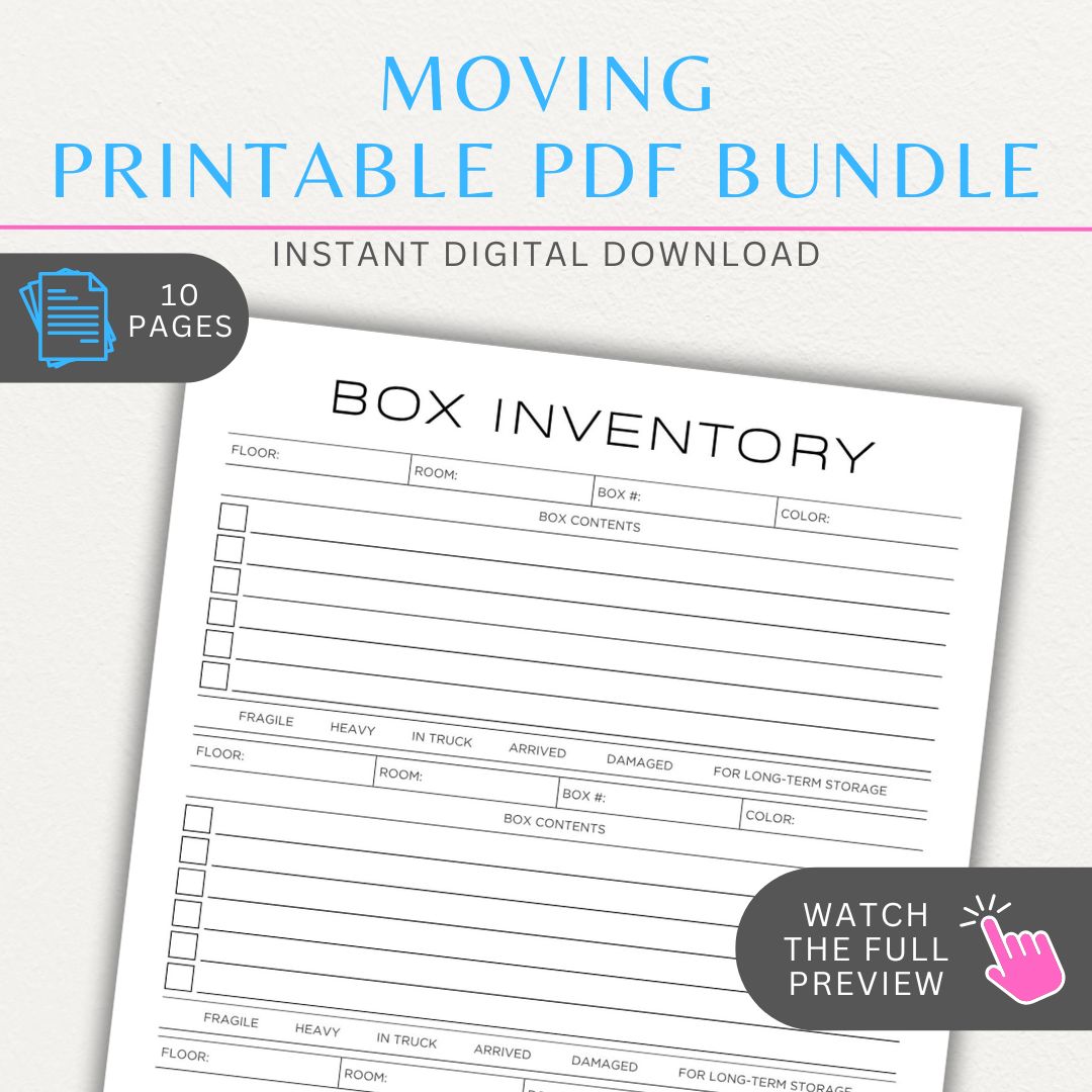 Moving Box Inventory Printable PDF Template Bundle with box inventories, moving expense tracker, address change list, and utility tracker.

