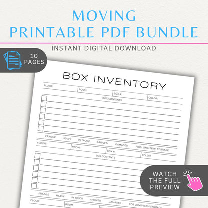 Moving Box Inventory Printable PDF Template Bundle with box inventories, moving expense tracker, address change list, and utility tracker.

